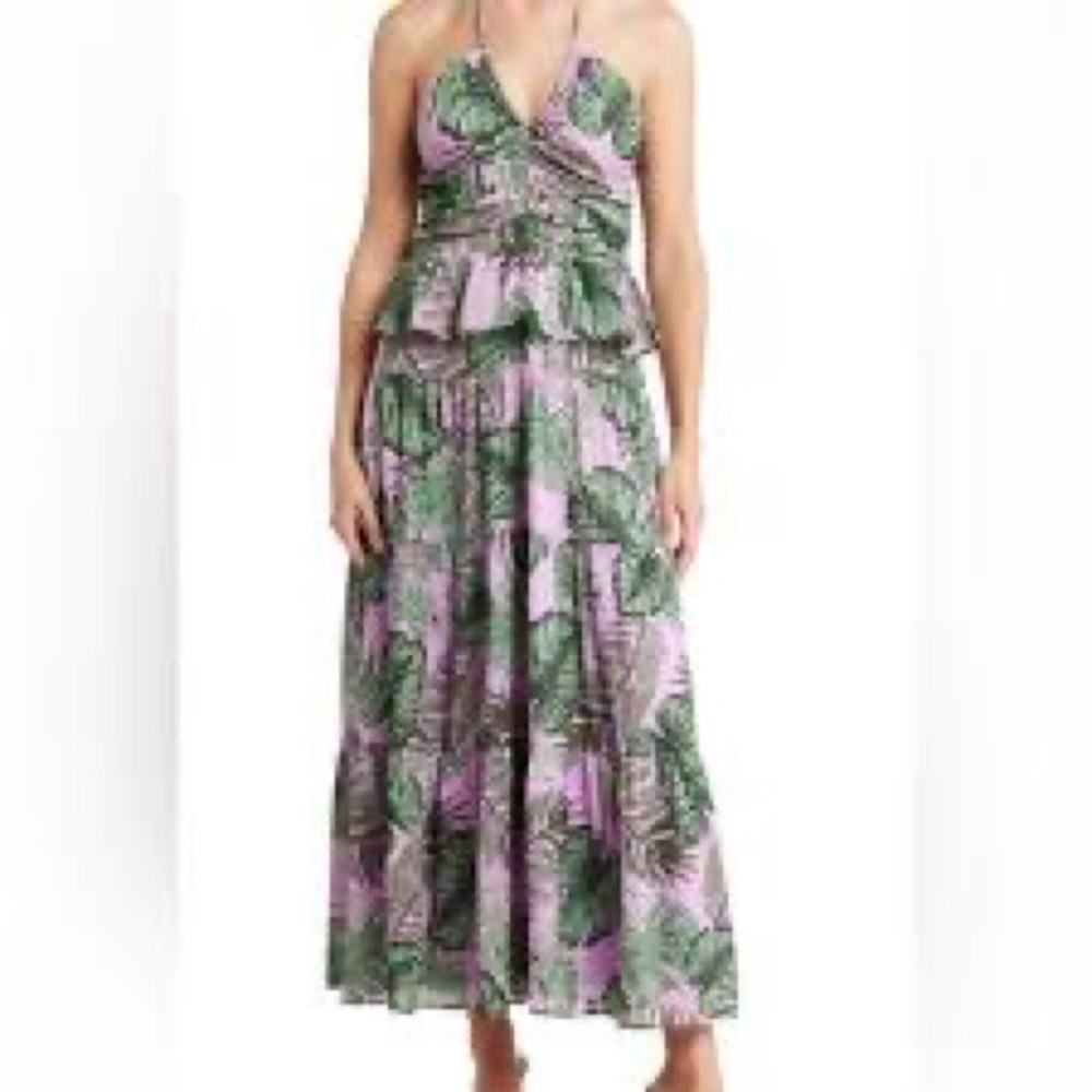 NSR Green Purple Floral Maxi Dress Tiered Layered Ruffles Sleeveless S NEW